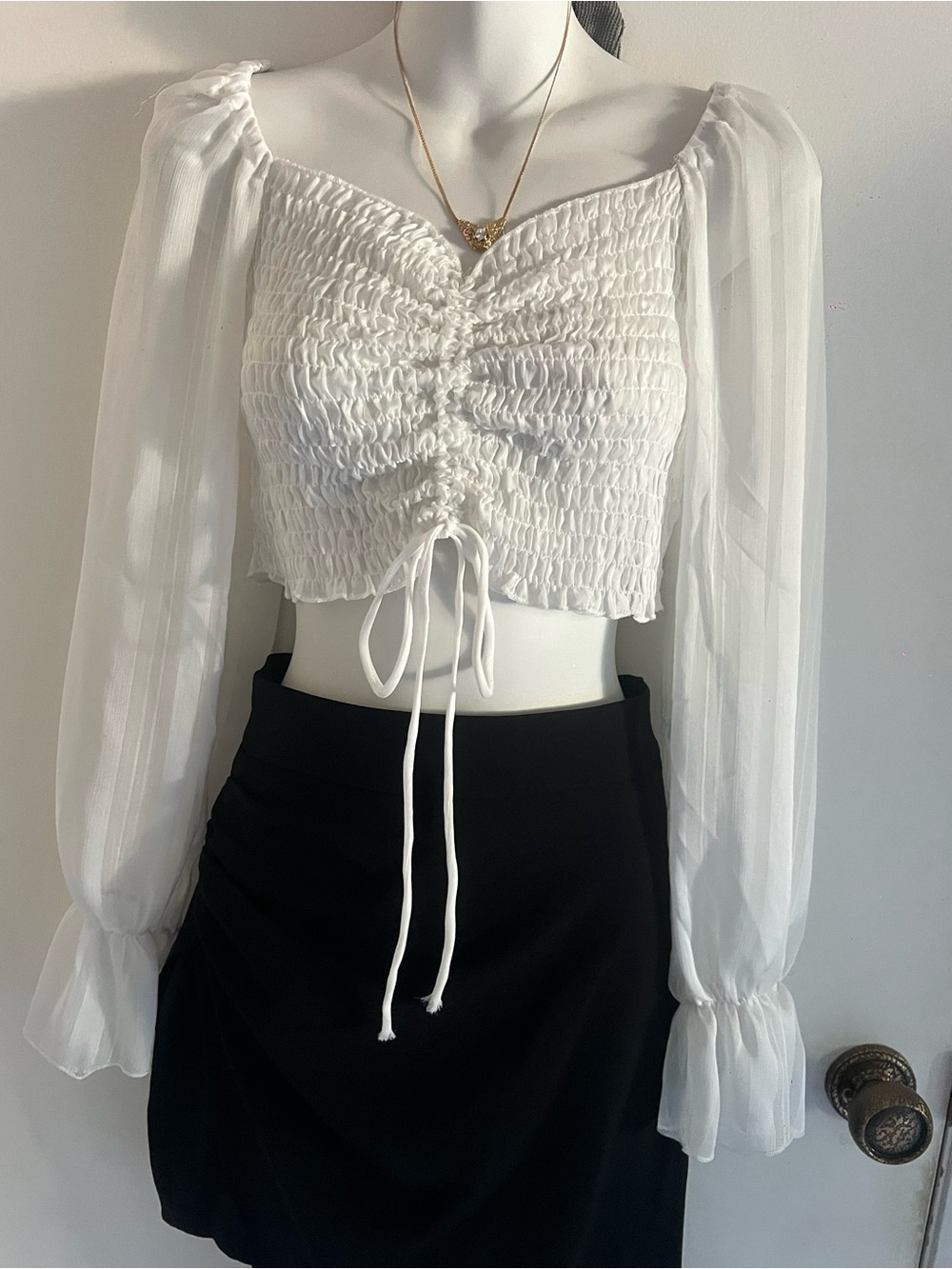 White Smocked Long-Sleeve Ruched Crop Top